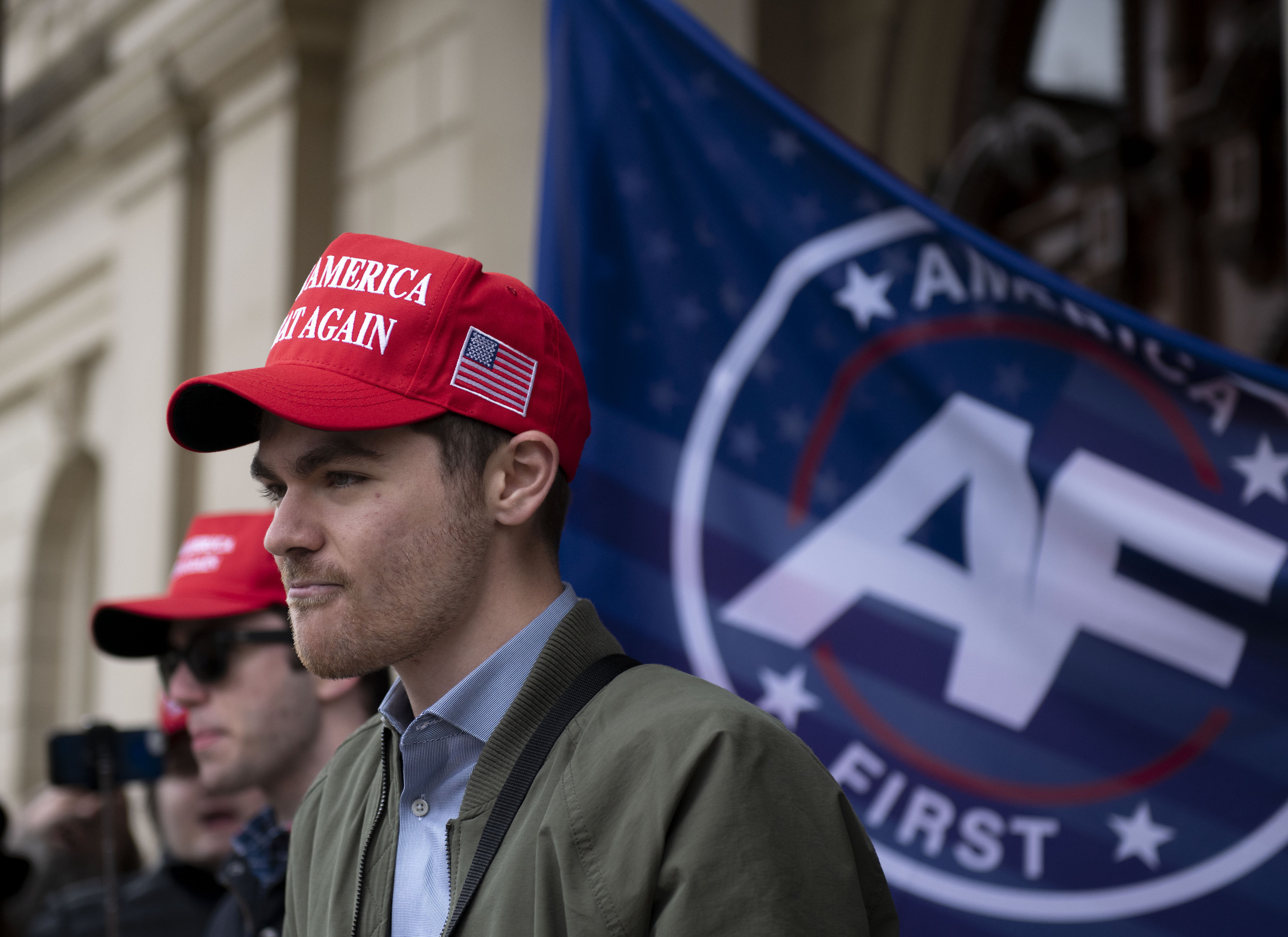 Nick Fuentes, a far-right activist, holds a rally at the Lansing Capitol, in Lansing, Mich., Nov. 11, 2020. Former President Donald Trump had dinner at his Mar-a-Lago club with the rapper formerly known as Kanye West, who is now known as Ye, as well as Nick Fuentes, who has used his online platform to spew anti-semitic and white supremacist rhetoric in 2022. (Nicole Hester/Ann Arbor News)