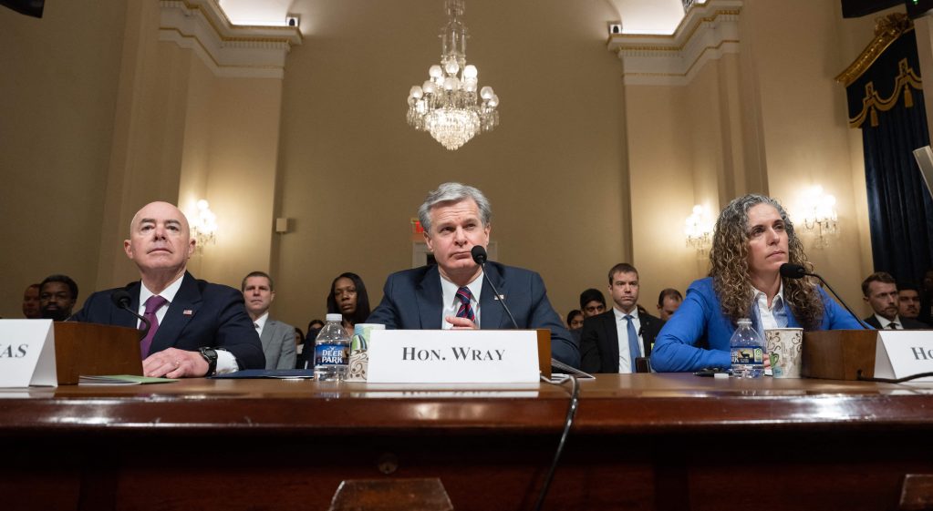(L-R) US Homeland Security Secretary Alejandro Mayorkas, FBI Director Christopher Wray, and Director of the National Counterterrorism Center Christine Abizaid