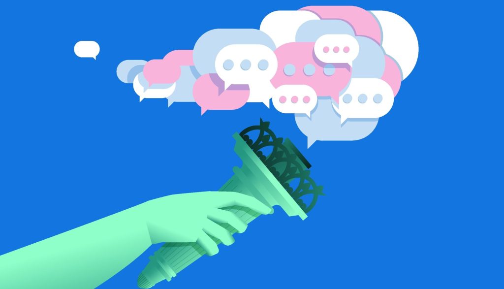 Statue of Liberty holding torch with text bubbles instead of flame. Chatbot technologies in daily life, freedom of speech concept vector illustration. Vector illustration.