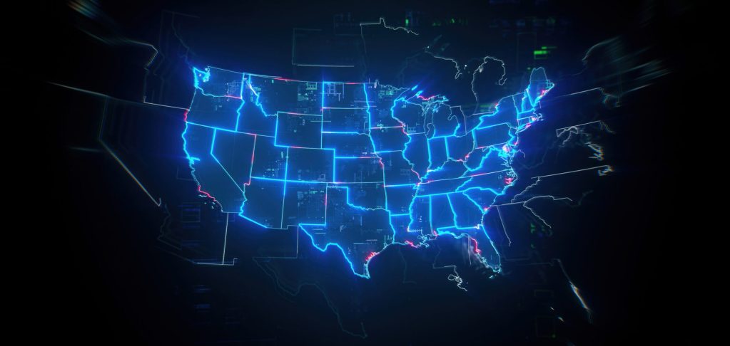 Map of USA on dark digital background representing global communication and global finances