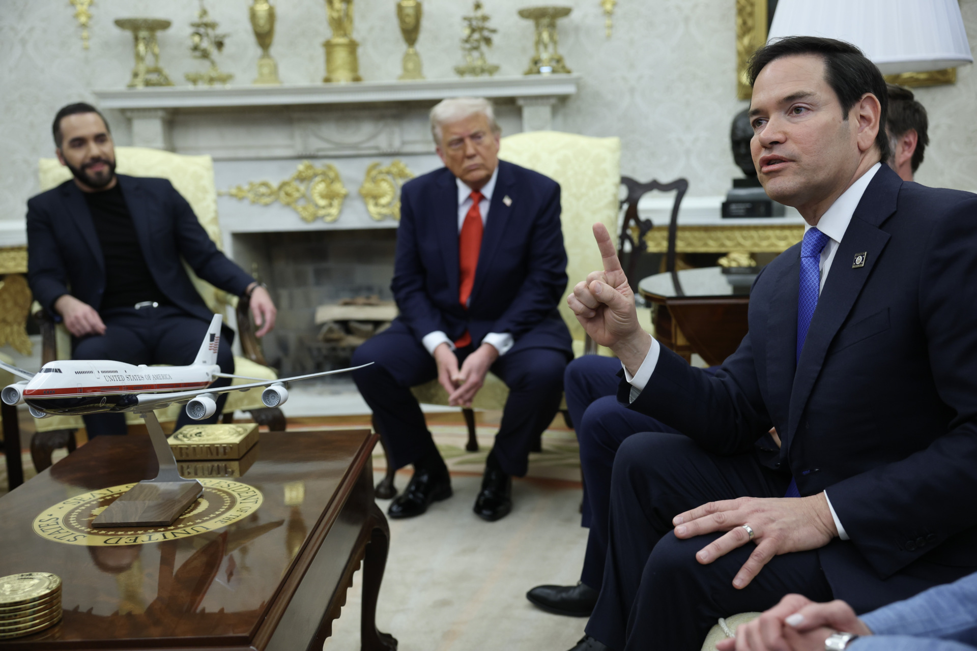 Secretary of State Marco Rubio speaks as U.S. President Donald Trump meets with President Nayib Bukele of El Salvador in the Oval Office of the White House on April 14, 2025 in Washington, DC. Trump and Bukele were expected to discuss a range of bilateral issues including the detention of Kilmar Armando Abrego Garcia. (Photo by Win McNamee/Getty Images)
