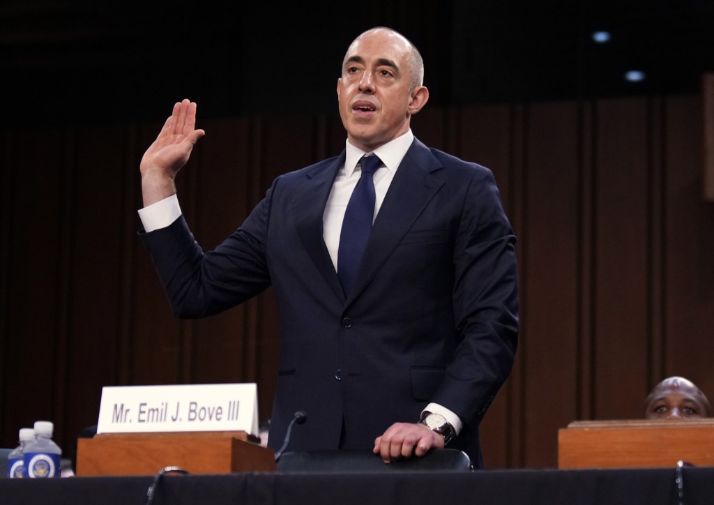 Emil Bove, President Donald Trump's nominee to be U.S. Circuit Judge for the Third Circuit, is sworn in before testifying during his Senate Judiciary Committee nomination hearing in the Hart Senate Office Building on June 25, 2025 in Washington, DC. A whistleblower alleged that Bove, President Trump's former personal lawyer, told Justice Department staff to defy court orders and continue to carry out Trump’s deportation plans. (Photo by Kevin Dietsch/Getty Images)